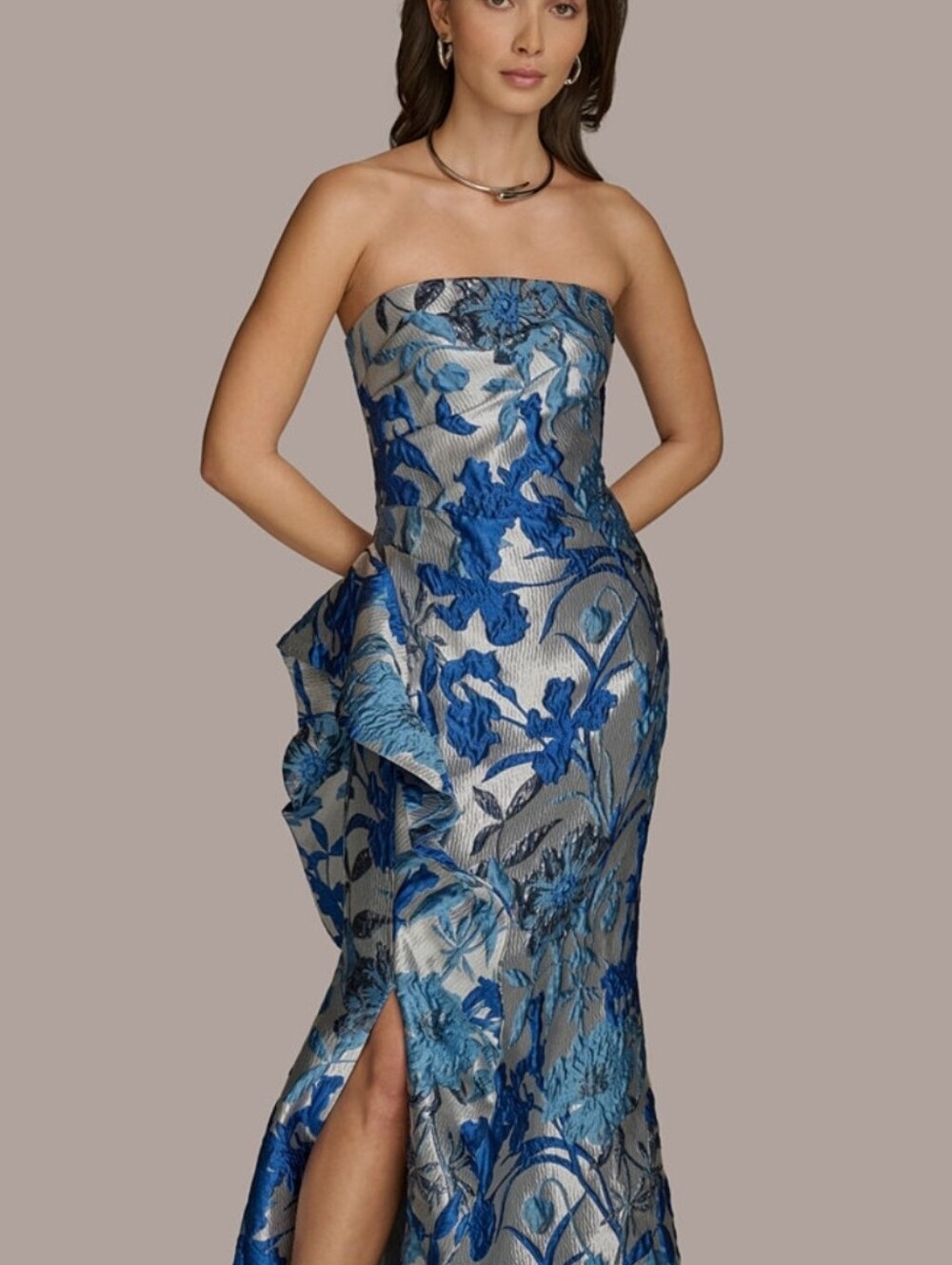 Donna Karen Blue Floral Strapless Brocade Gown - Picture 3 of 6